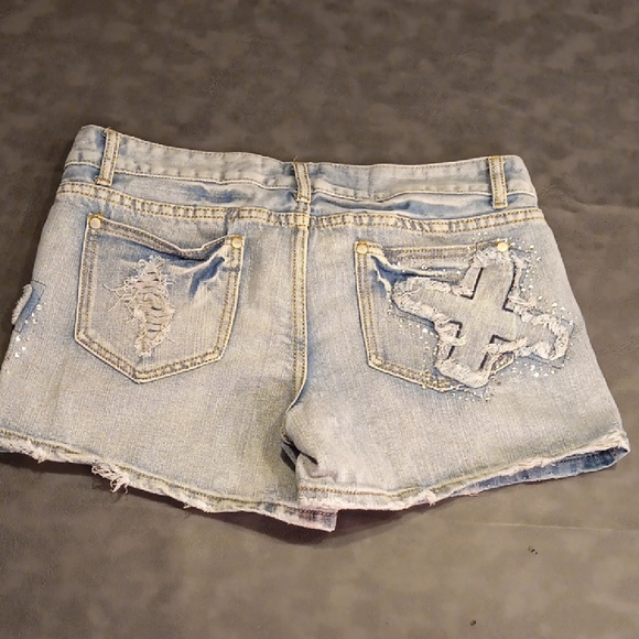 Rue21 Distressed Light Blue Jean Shorts with Cross And Rhinestone Detail - Picture 2 of 10